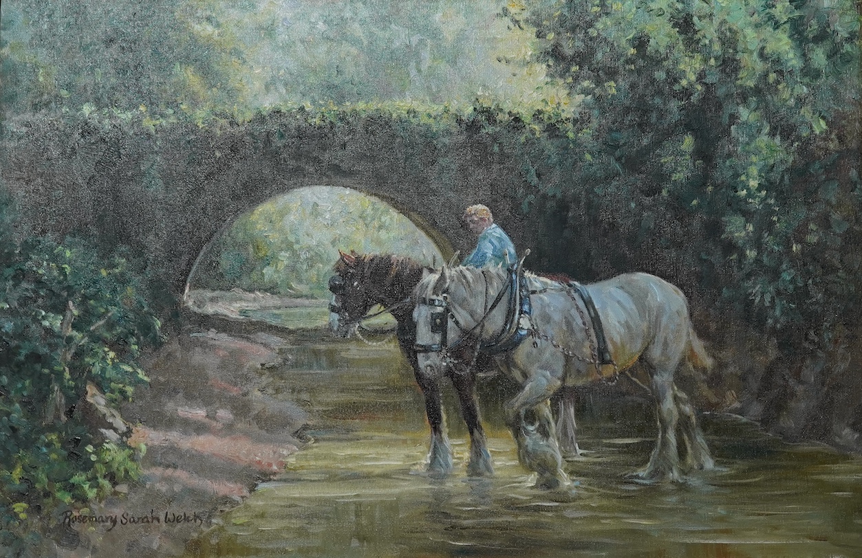 Rosemary Sarah Welch (English, b.1946), Horses in a woodland stream, oil on canvas, 42 x 65cm